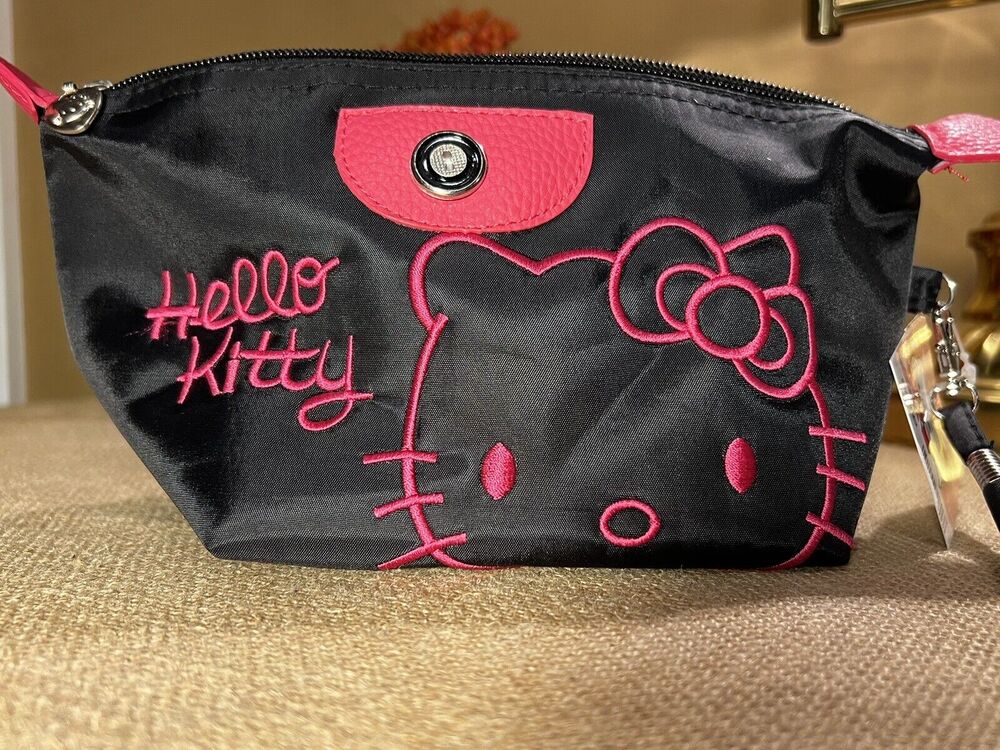 Hello Kitty (For Sale in Japan Only) Nylon Embroidered Black Wristlet Bag